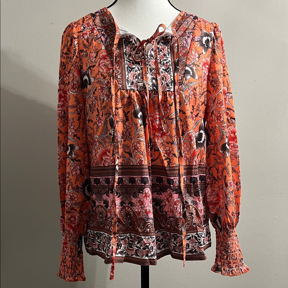 Boho Floral Print Lantern Sleeve Tie Front Blouse - Picture 5 of 8